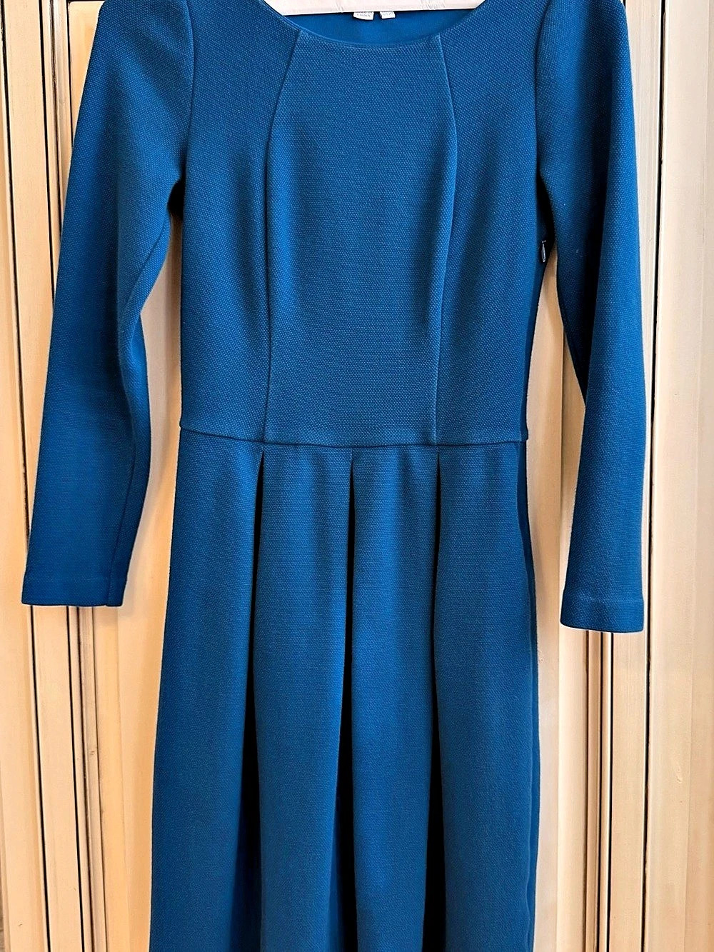 Boden Melanie Ponte Dress Long Sleeve Pleated Blue US 2R